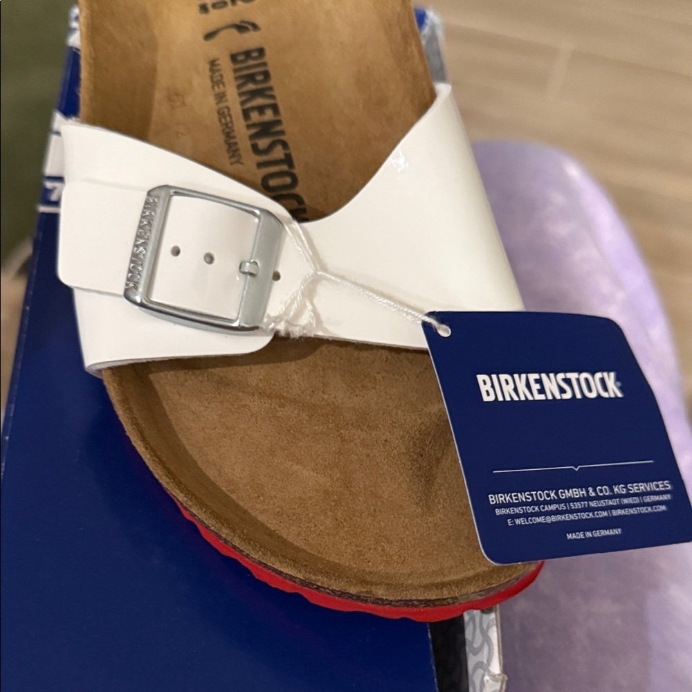 Birkenstock Madrid White Sandals with Red Soles and Silver Buckle NWT SZ 11 - Picture 3 of 10